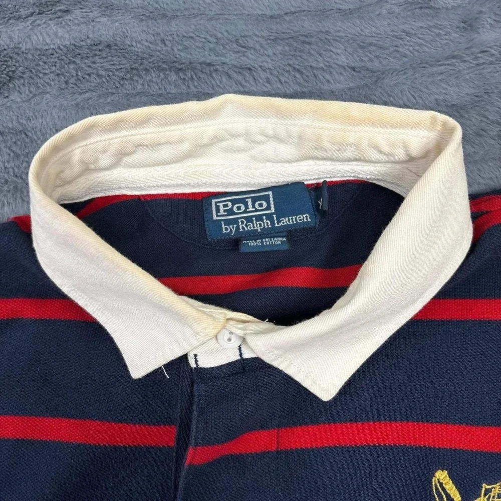 Polo Ralph Lauren Mens XL Crest Rugby Polo Shirt Navy Red Striped Short Sleeve